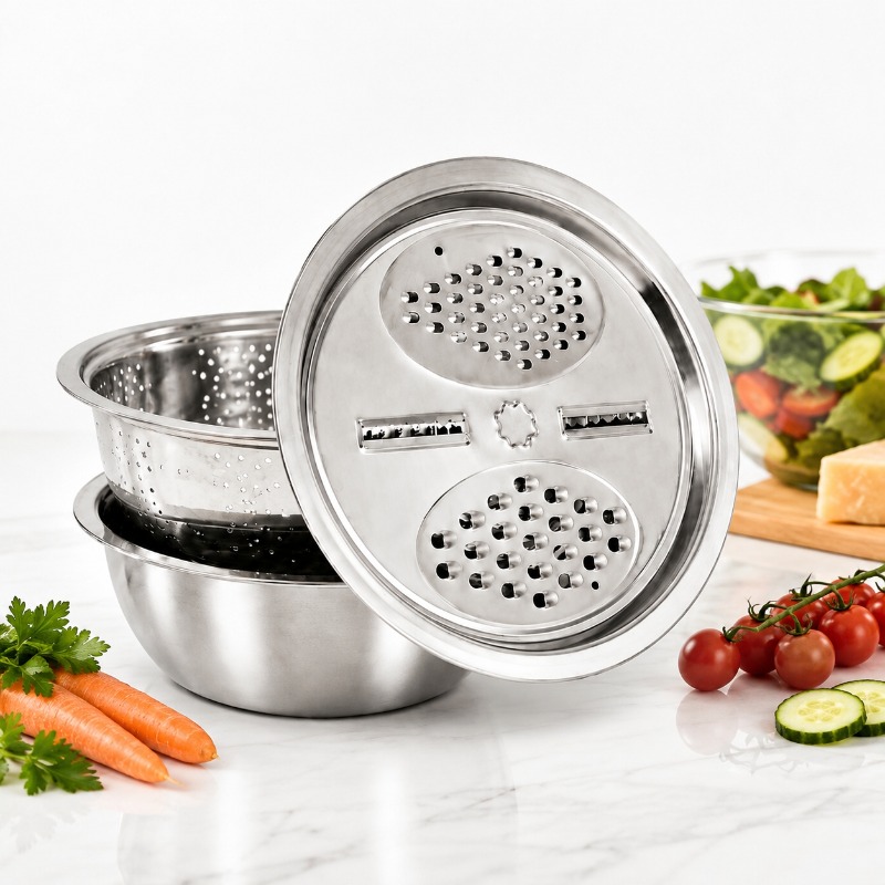 Cheese Grater Box - 3個セット ステンレス製 キッチンザルセット 多機能水切り グレーター付きボウル 果物・野菜・チーズ用