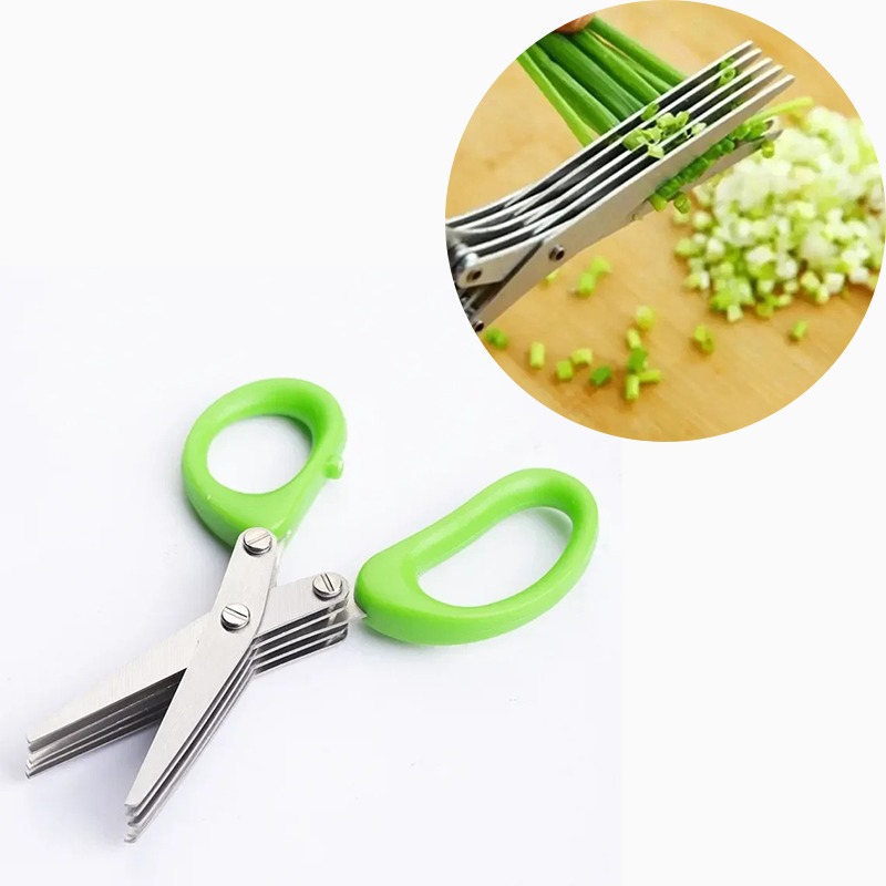 Kitchen Gadgets Save Time - 時間節約ハーブはさみ 5枚刃 ステンレス製ネギカッター 手動野菜チョッパー キッチンガジェット クリーニングブラシ付き