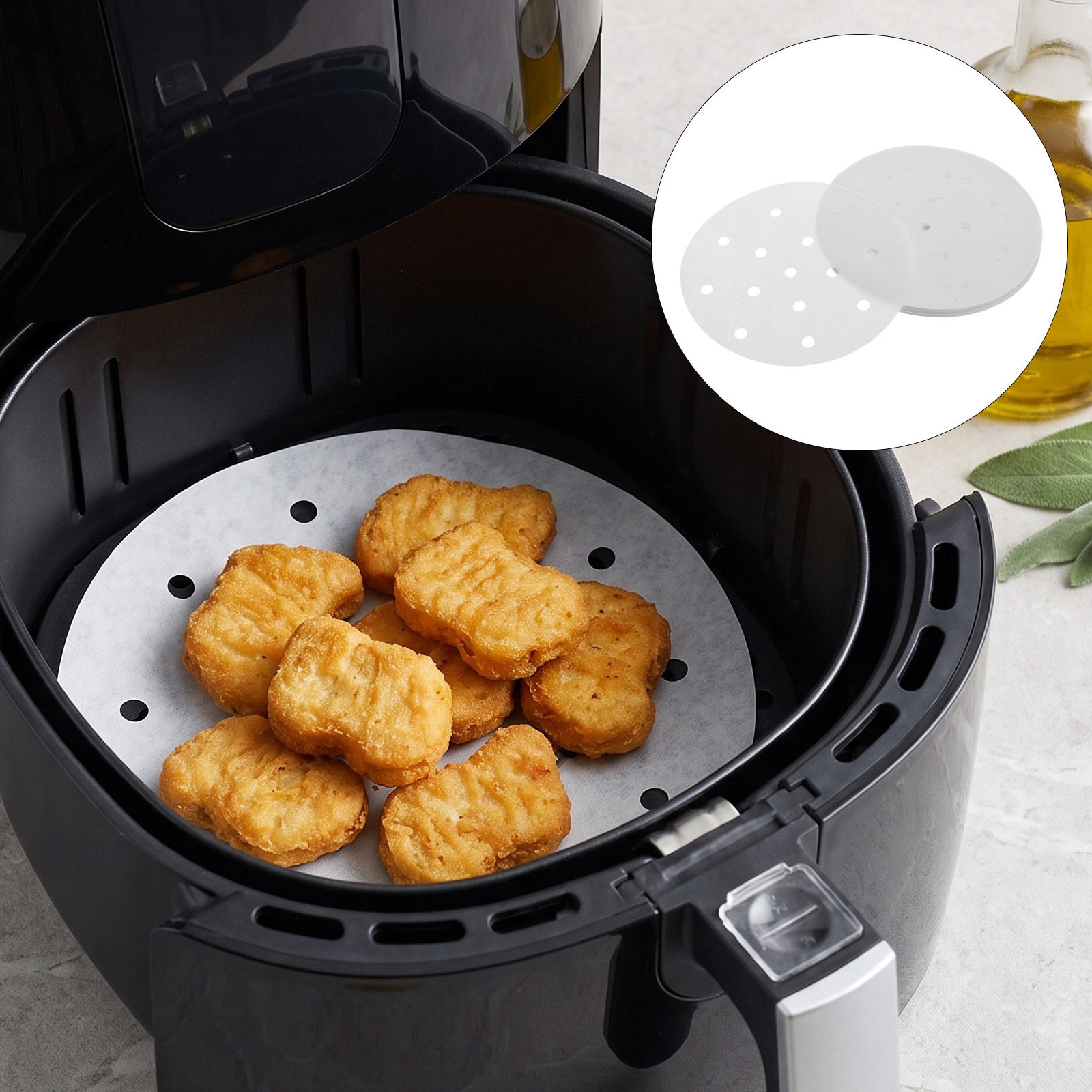 Silicone Steamer Basket - 300枚入り 丸型蒸し器用ペーパーライナー ノンスティックシリコンコーティング 使い捨てエアフライヤーバスケットライナー 穴あき ベーキング