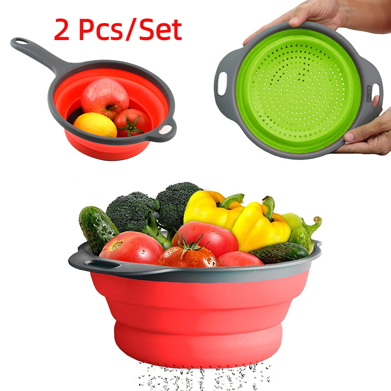 Silicone Steamer Basket - 2 ピース/セット折りたたみシリコンザル果物野菜洗濯バスケットストレーナーハンドルストレーナー折りたたみ水切り